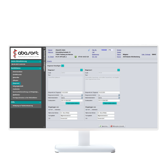 Praxissoftware zur Verwaltung von Patientendaten und Terminen auf einem Computerbildschirm